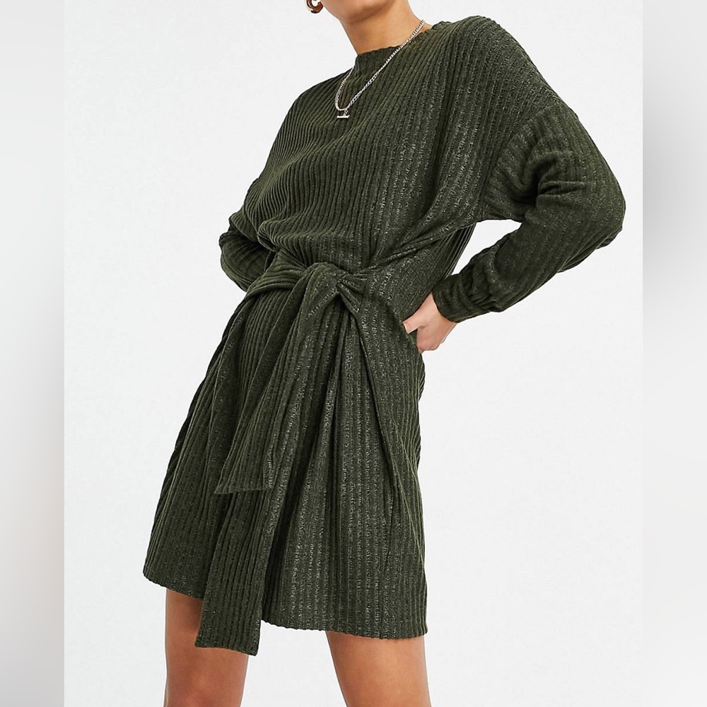 ASOS Tall tie waist brushed ribbed mini dress in dark khaki